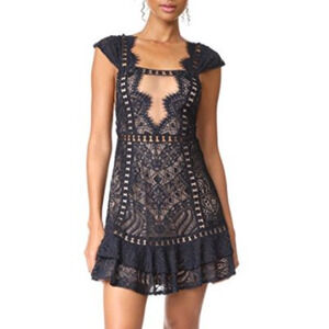 For Love & Lemons Navy Black Lace Front Fitted Dropback Mini Dress Size Large